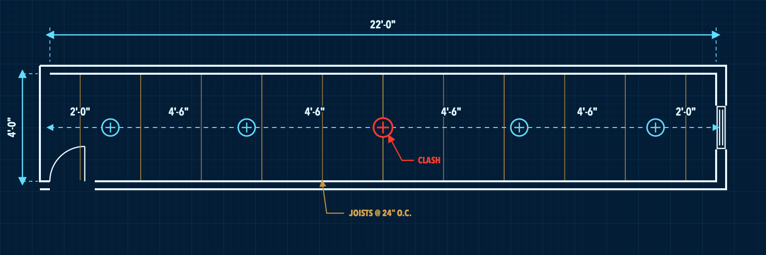 Blueprint-style hallway lighting layout with evenly spaced fixtures and a modeled joist clash