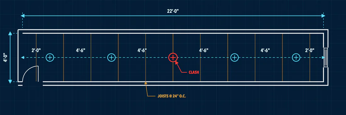 Blueprint-style hallway lighting layout with evenly spaced fixtures and a modeled joist clash