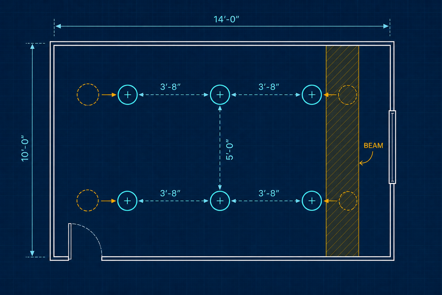 Blueprint-style recessed light plan showing a beam and adjusted fixture positions