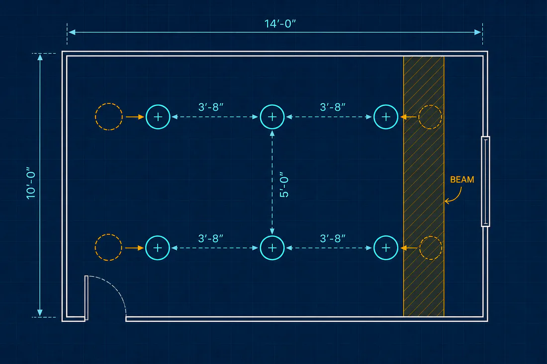 Blueprint-style recessed light plan showing a beam and adjusted fixture positions