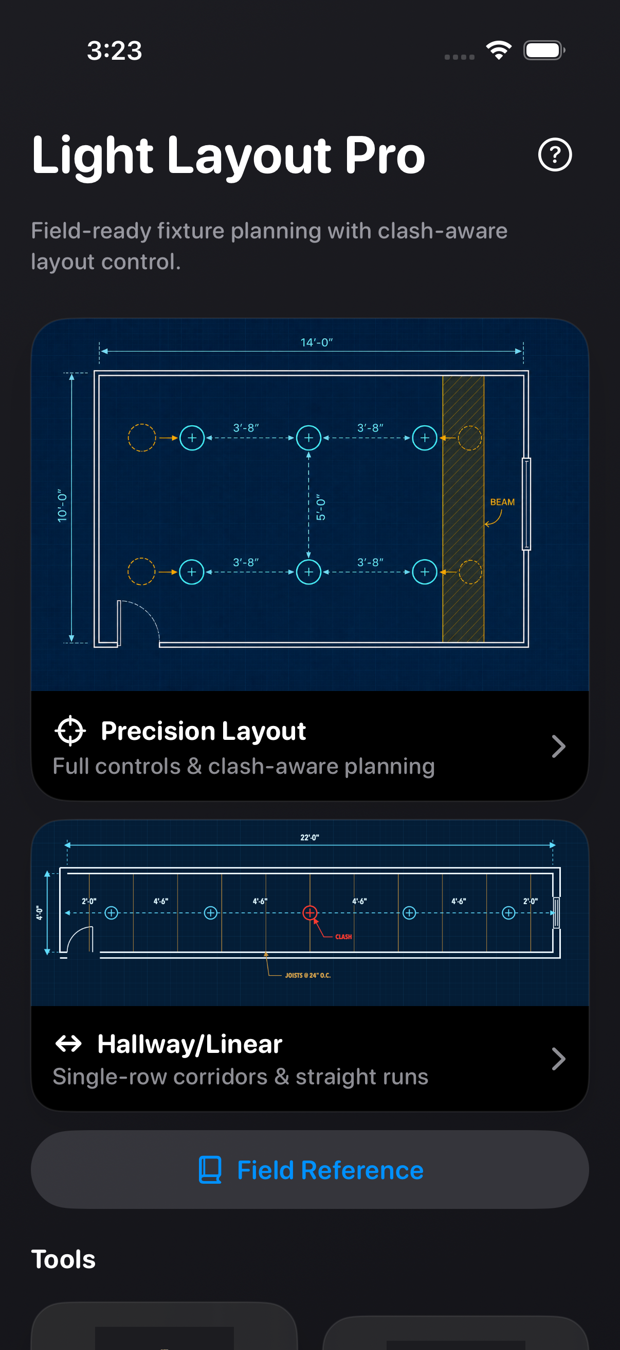 Light Layout Pro home screen showing layout planners, Field Reference, and six field tools