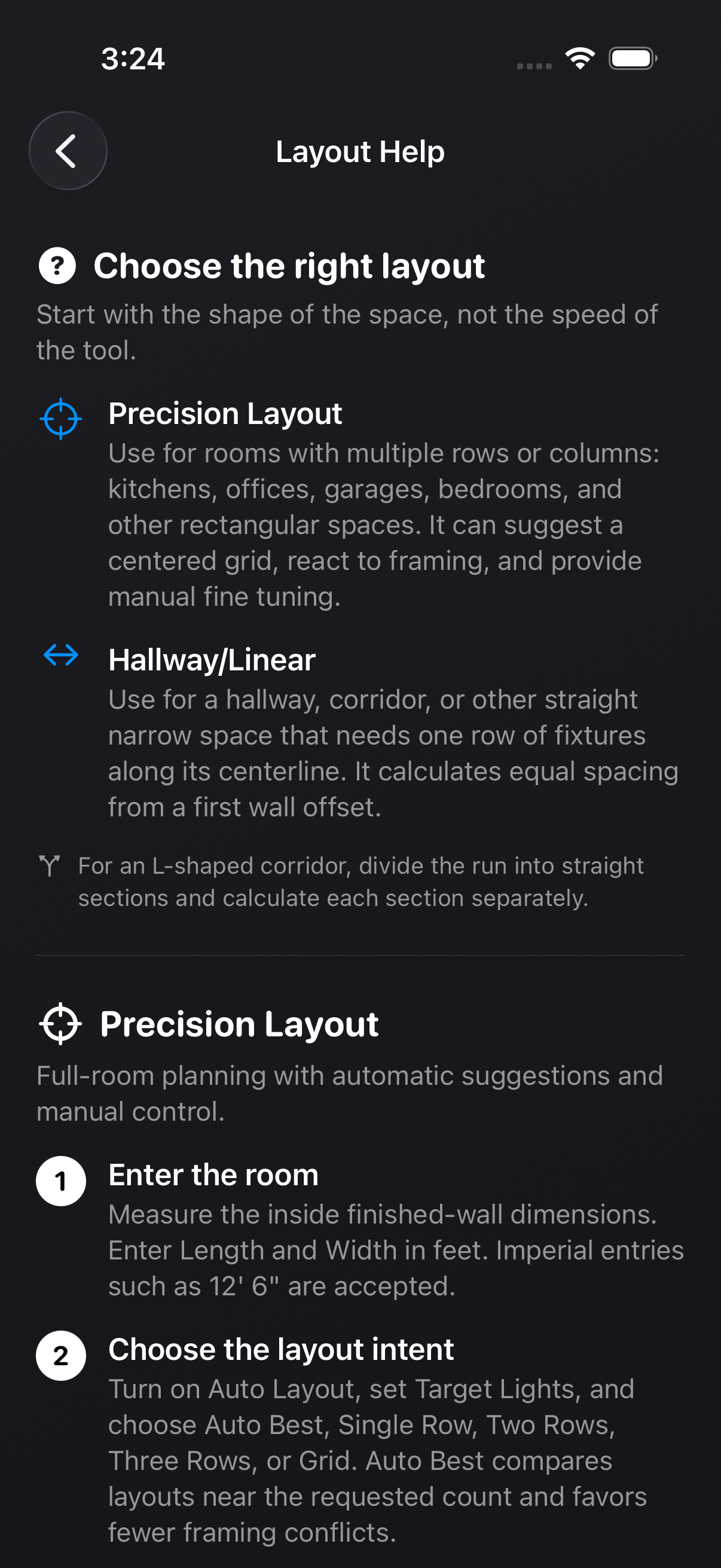 Light Layout Pro layout guidance screen