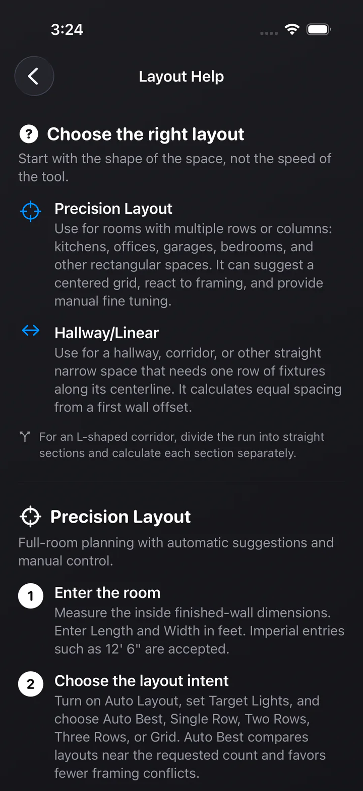 Light Layout Pro layout guidance screen