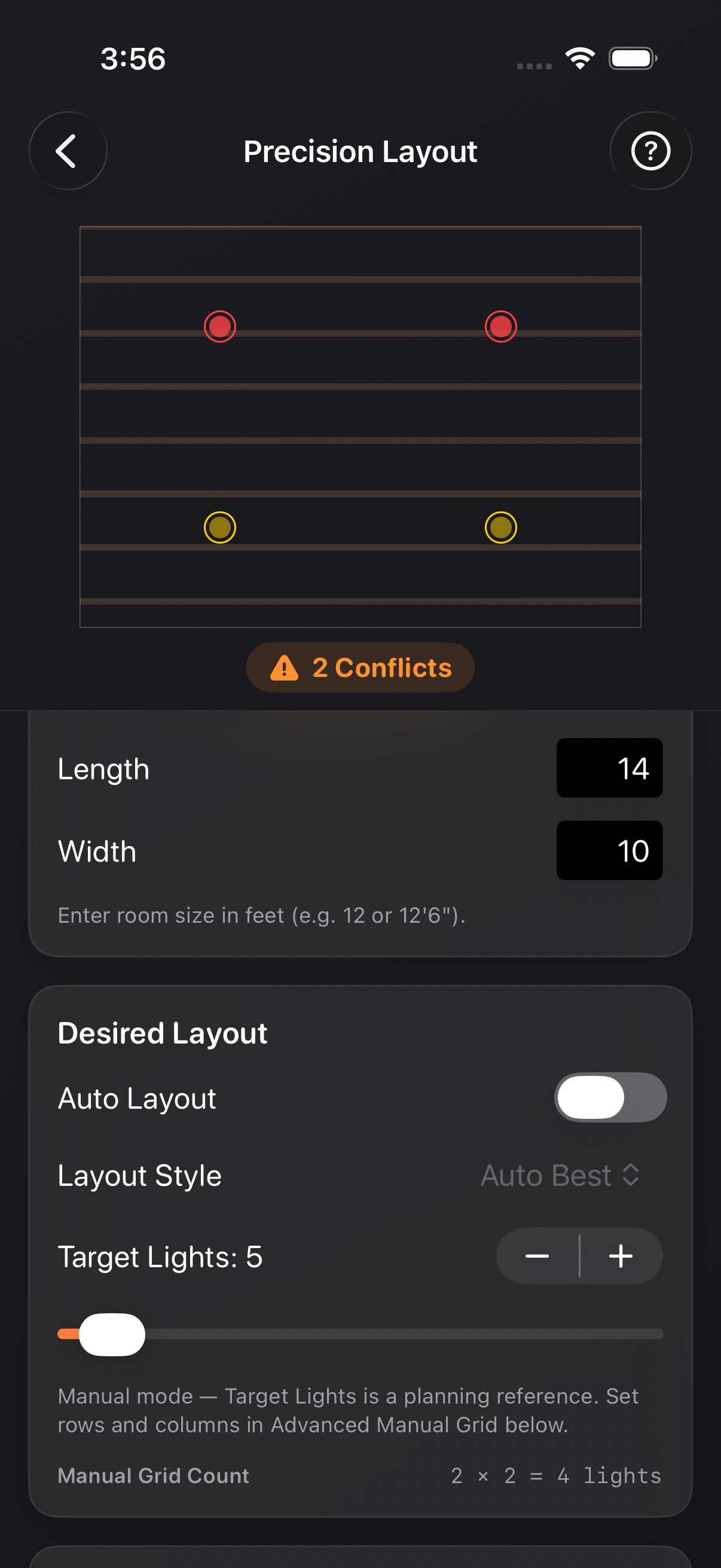 Light Layout Pro completed Precision Layout with room inputs and live conflict feedback