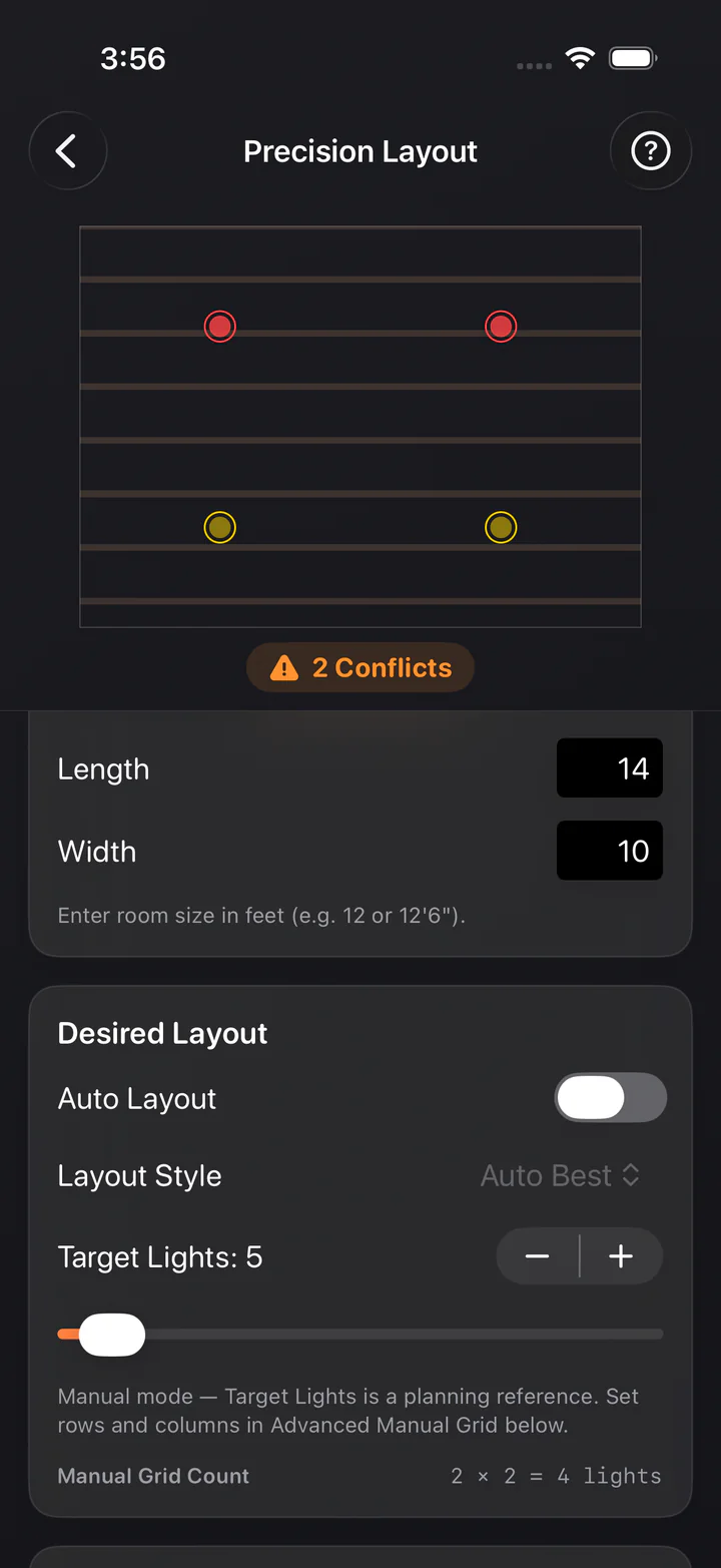 Light Layout Pro completed Precision Layout with room inputs and live conflict feedback